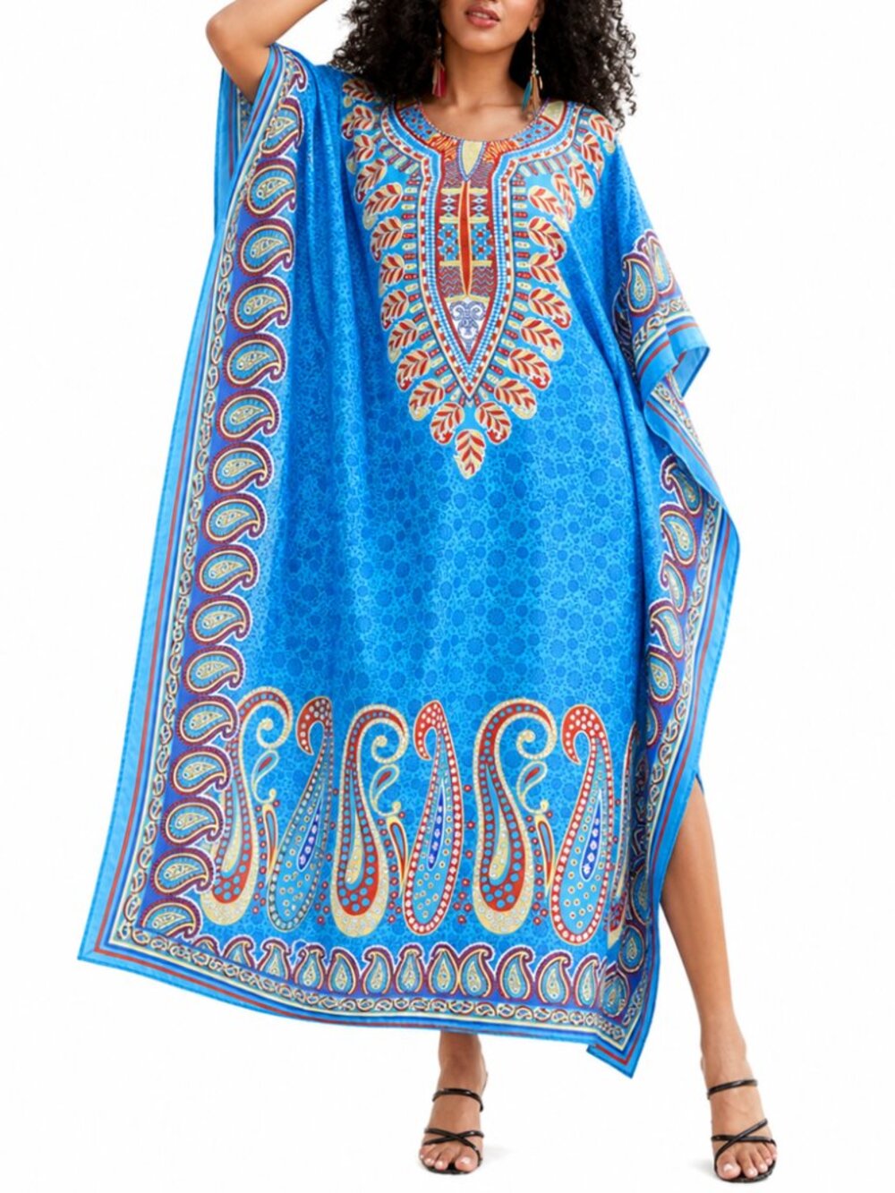 Women Plus Size Fit & Flare Paisley Printed Blue Kaftan Dress by Gypsie Blu